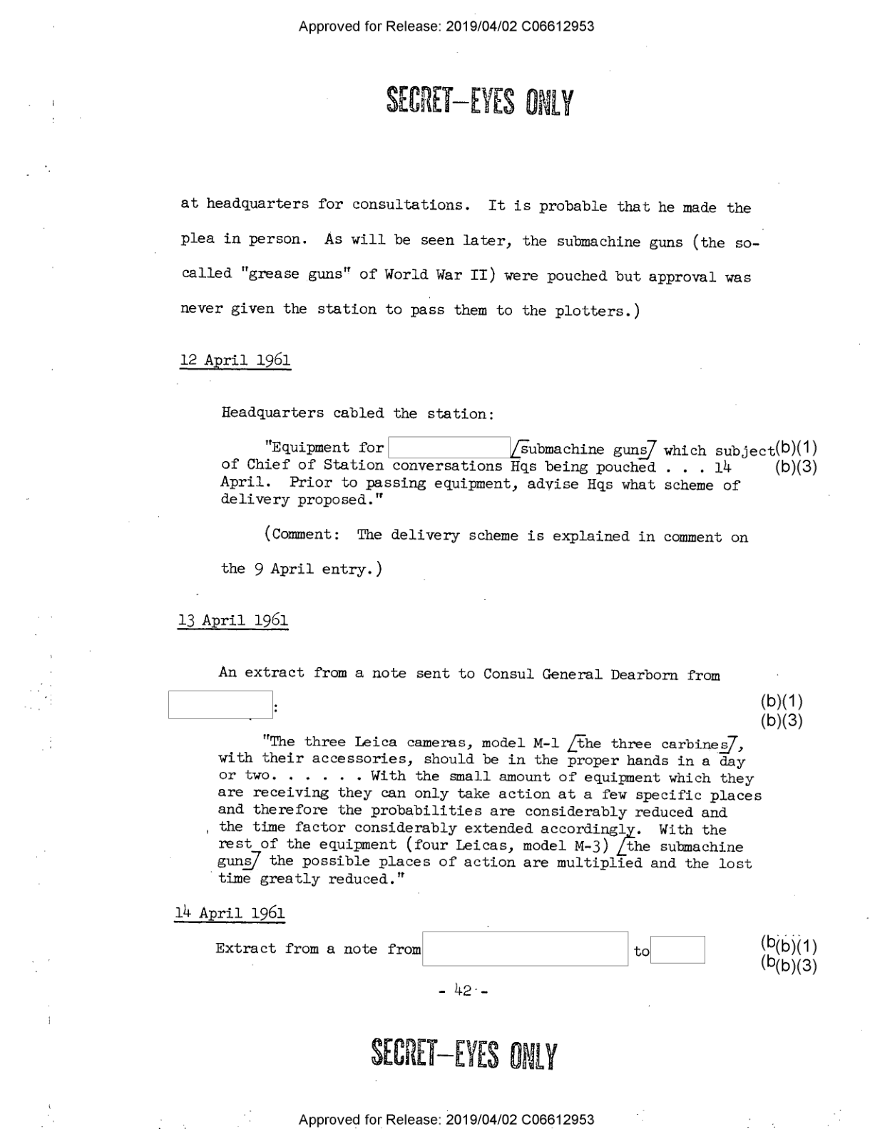 Declassified CIA Cable using Leica Cameras as code for M-1 carbines and M-3 submachine guns