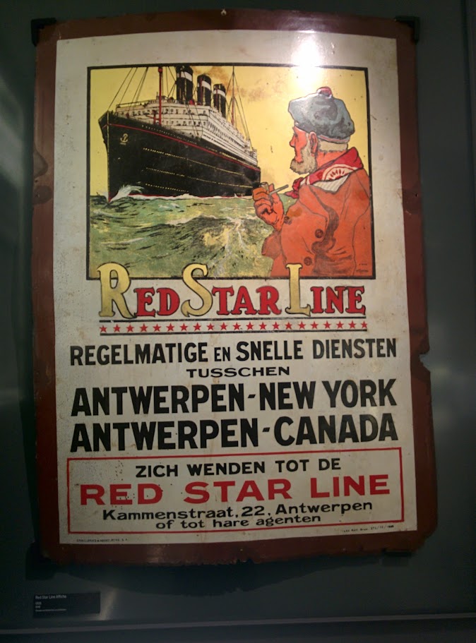 Vintage Red Star Line poster on display at the museum in Antwerp, Belgium